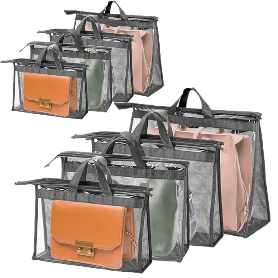 4/8 Pack Dust Bags For Handbags, 4 Sizes Clear Handbag Storage Organizer For Closet, Purse Protector Storage Bag With Zipper And Handle, Hanging Dust Cover Bag For Handbag - Light Grey - View 1