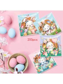 100/200个复活节兔子礼品袋，自粘糖果袋，印有彩蛋和植物图案，塑料节日派对礼品袋 - 彩色 - 查看 7