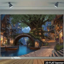 这款奇幻树屋小镇背景布以古老的树屋建筑、石拱桥、运河码头以及灯光温暖的街道和小巷为特色。它采用二维平面设计,材质为涤纶。 - 彩色 - 查看 5
