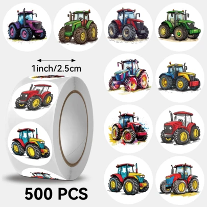500pcs/Roll Cartoon Tractor Pattern Stickers, Ideal Small Gift. DIY Decorative Stickers. Happy New Year. 8-10 Assorted Patterns, Suitable For Decorating Small Gifts, Packaging Bags, Cups, Stationery, And More.