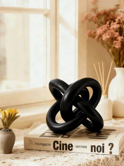 Escultura decorativa con nudo negro, escultura geométrica moderna redonda, ornamento de escritorio, artículo decorativo redondo, decoración del hogar, estantería, mesa de café, decoración de librería, regalo