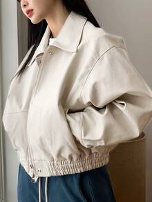 Women's Short Collared Shacket With Long Sleeves And Zipper Closure - Beige - View 2