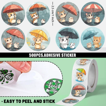 JOERBABU the little kangaroo Bobbie 500pcs/Roll Cartoon Umbrella Cat Pattern Stickers, Ideal Small Gift, DIY Decorative Stickers. 8-10 Assorted Patterns, Suitable For Gift Packaging, Cup Decoration, Stationery Decoration And Other Products You Like