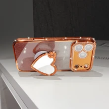 奢华闪亮亮片相机水钻化妆镜心形戒指托渐变亮片电镀手机壳，兼容 17 Pro Max Air 16 15 14 13 12 11 Pro Max XR X XS Max 8 7 6s Plus SE2 3，女孩和女士橙色银色粉色支架手机壳 - 橘色 - 查看 5