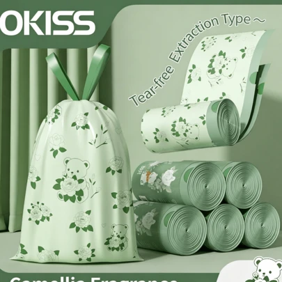 100pcs Large Size Garbage Bags - Household Pull-Cord Style Tear-Resistant High Capacity Tote Bags, Magnolia Flower Pattern, Thick Material, Suitable For Home Use, Non-Tear, Easy To Clean.