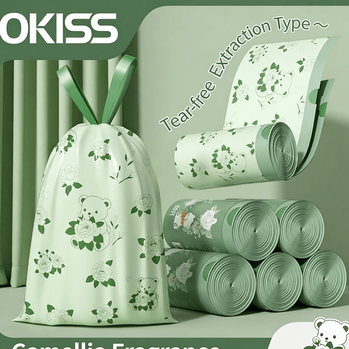 100pcs Large Size Garbage Bags - Household Pull-Cord Style Tear-Resistant High Capacity Tote Bags, Magnolia Flower Pattern, Thick Material, Suitable For Home Use, Non-Tear, Easy To Clean.