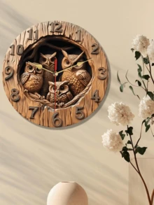 1pc Vintage Owl Wooden Round Wall Clock - 10-12 Inch Silent Non-Ticking Quartz Movement, Farmhouse Decor, Owl & Bird Nest Design, Ideal For Living Room, Bedroom, Cafe, Dining Room, Bar - Perfect Christmas Gift - Multicolor - View 3