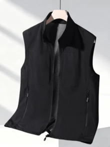 1pc Black Zipper Casual Men's Vest, Simple Style, Black Solid Color Steady And Generous, Convenient Zipper Opening And Closing, Multi-Pocket Design Practical, Suitable For Casual Daily Wear - الأسود - مشاهدة 15