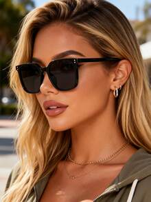 1pc Plastic Square Full Frame Multi-Color Inlaid Nail UV Protection Tinted Lens Retro Bohemian Decor Portable Glasses Sets, Fashionable For Women Summer Beach Vacation - 1pc Black Frame Gray Film - View 4