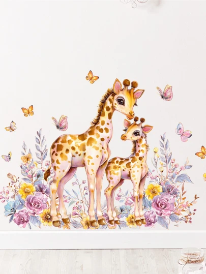 1张卡通长颈鹿和蝴蝶墙贴，可移除哑光自粘墙贴，适用于客厅、卧室、儿童房、家居装饰、春季装饰、生日礼物、毕业礼物