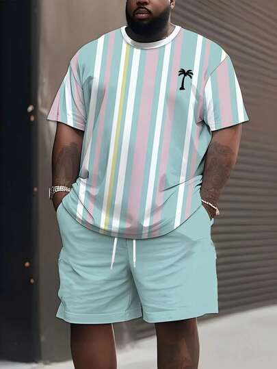 3D数码印花彩虹条纹图案套装，2件套男士夏季户外休闲运动服，带抽绳，宽松街头风慢跑运动套装，加大码圆领短袖T恤和短裤