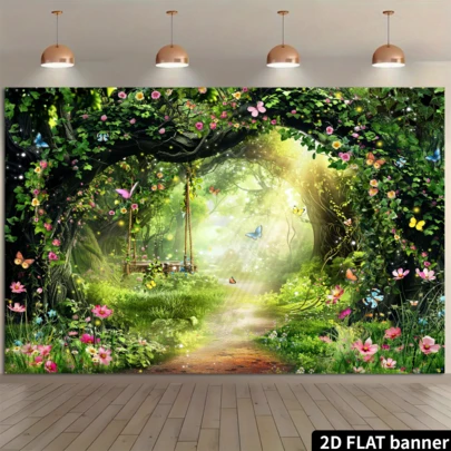 Le tissu de fond du royaume secret de la jungle fantaisiste présente une jungle à la lumière verte, des papillons et un chemin rempli de fleurs. Fabriqué en tissu de polyester, il ne nécessite pas d'alimentation électrique. Il convient aux fêtes de contes de fées et peut être utilisé à l'intérieur comme à l'extérieur. Il peut être utilisé comme décoration murale ou fournitures de fête, et est idéal pour les réunions de famille et les scénarios de chambre d'enfants, créant une atmosphère rêveuse et naturelle.