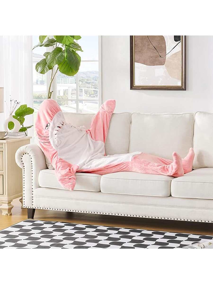 68-Inch Shark Blanket(About 175cm), Family Parent-Child Shark Pajamas, Fun Shark, Shark-Themed Pajamas For Men And Women, Novelty Animal Pajamas, Christmas And Halloween Gifts, Ultra-Soft Shark Pajamas, Suitable For Both Men And Women - 粉色 - 查看 1