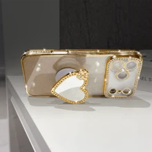 奢华亮片相机水钻化妆镜心形指环支架渐变亮片电镀手机壳,适用于 17 Pro Max Air 16 15 14 13 12 11 Pro Max XR X XS Max 8 7 6s Plus SE2 3,橙色、银色、粉色可选,带支架,适合女孩和女士使用。 - 金色 - 查看 6