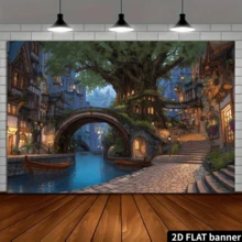 这款奇幻树屋小镇背景布以古老的树屋建筑、石拱桥、运河码头以及灯光温暖的街道和小巷为特色。它采用二维平面设计,材质为涤纶。 - 彩色 - 查看 4
