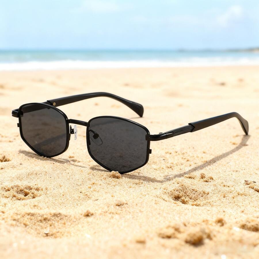 1 par de gafas de moda con marco metálico poligonal, estilo de moda callejera - Negro - Ver 1