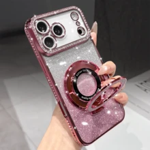 Luxury Shiny Sequin Camera Rhinestone Ring Holder Phone Case, Compatible With IPhone 17 Pro Max Air 16 15 14 13 12 11 Pro Max X XS MAX 6S 7 8 Plus SE2 3, Orange, Silver, Pink Gradient Sequin Electroplated Phone Case, Suitable For Girls And Women - Pink - View 5