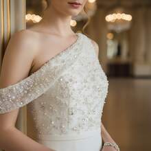 White Sleeveless Pearl Sequin 3D Floral Asymmetric High Slit Elegant Prom Evening Gown - White - View 4