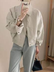 Women's Short Collared Shacket With Long Sleeves And Zipper Closure - Beige - View 5