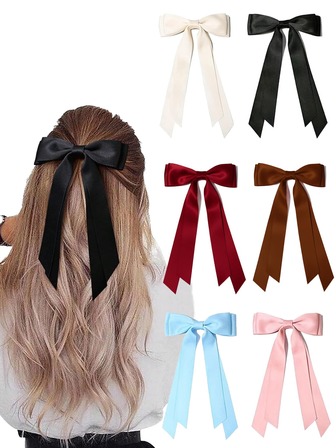 6 Pcs Satin Hair Bows For Women Girls, Long Tail Silk Ribbon Hair Clips, French Vintage Style Big Bowknot Barrettes,Valentine's Day Coquette Aesthetic Hair Accessories For Ponytail Wedding Party Daily Wear Valentine's Day White Bow Black Bow Red Bow Brown Bow Pink Bow