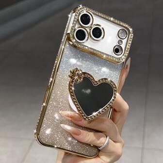 Luxury Bling Glitter Camera Rhinestone Makeup Mirror Heart Ring Holder Gradient Sequins Plating Phone Case Compatible With IPhone 17 Pro Max Air 16 15 14 13 12 11 Pro Max XR X XS Max 8 7 6s Plus SE2 3 Girl And Women Orange Silvery Pink Bracket Case