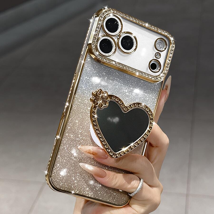 奢华亮片相机水钻化妆镜心形指环支架渐变亮片电镀手机壳，适用于 17 Pro Max Air 16 15 14 13 12 11 Pro Max XR X XS Max 8 7 6s Plus SE2 3，橙色、银色、粉色可选，带支架，适合女孩和女士使用。