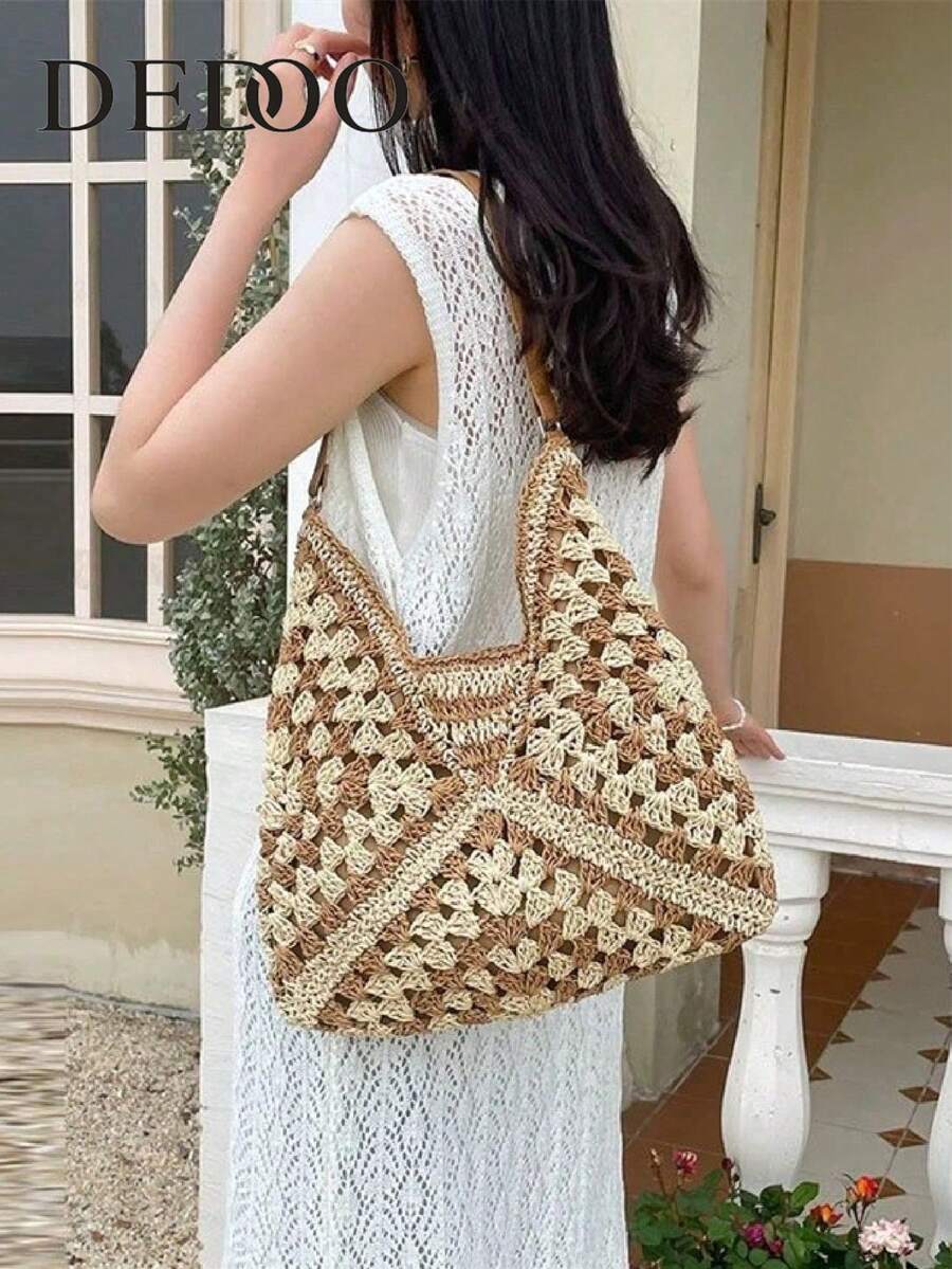 Dedoo Túi tote đan bằng rơm rỗng cỡ lớn kiểu dáng nghỉ dưỡng, túi đeo vai bện kiểu Bohemian, họa tiết hình học chéo ba màu lãng mạn cổ điển, thiết kế nhiều lớp phong phú về mặt thị giác, tươi sáng và mềm mại, thích hợp cho du lịch, bãi biển, dã ngoại mùa hè, mua sắm, làm quà tặng.