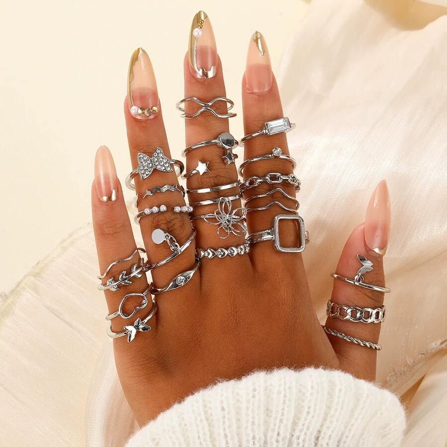 23件套夸张风格合金蝴蝶心形指节戒指套装，独特设计