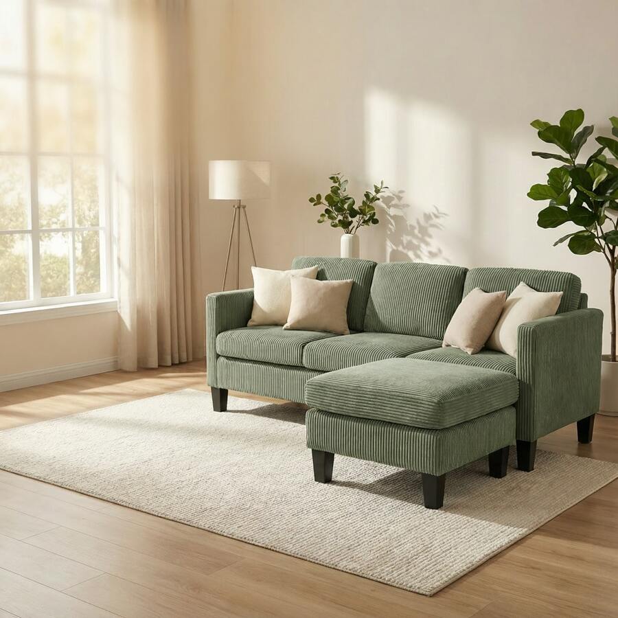 L-Shaped Corduroy Sofa 4-Seat - Grey Modern Luxury Sectional Couch With Memory Foam Padding, Ideal For Living Rooms & Small Apartments (Easy Assembly) - màu xanh lá - Xem 1