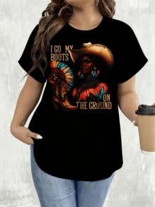 220G Leisure Home Outdoor Black And White Short Sleeve T-ShirtWomen T Shirt White I Go My Boots On The Ground Western Woman With Cowboy Hat And Boot Graphic Print Casual Daily WearHoliday Party Gift - Black - View 2