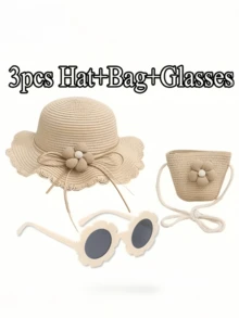 3pcs/Set Kids Summer Sun Hat, Bag & Sunglasses Set, Girls Beach Straw Hat, Woven Sun Hat - 3pcs - View 1