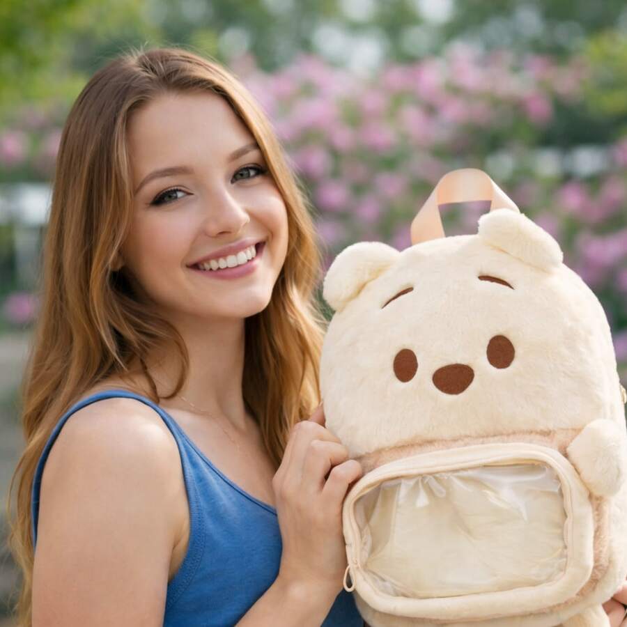 New Cute Cartoon Yellow Bear Plush Backpack, College Style Lightweight Commuter Backpack - Light Yellow 1 - View 1