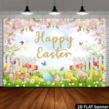 7x5ft Spring Easter Garden Photography Backdrop Green Grass Lawn Pink Floral Fence Background - Multicolor 3 - View 4