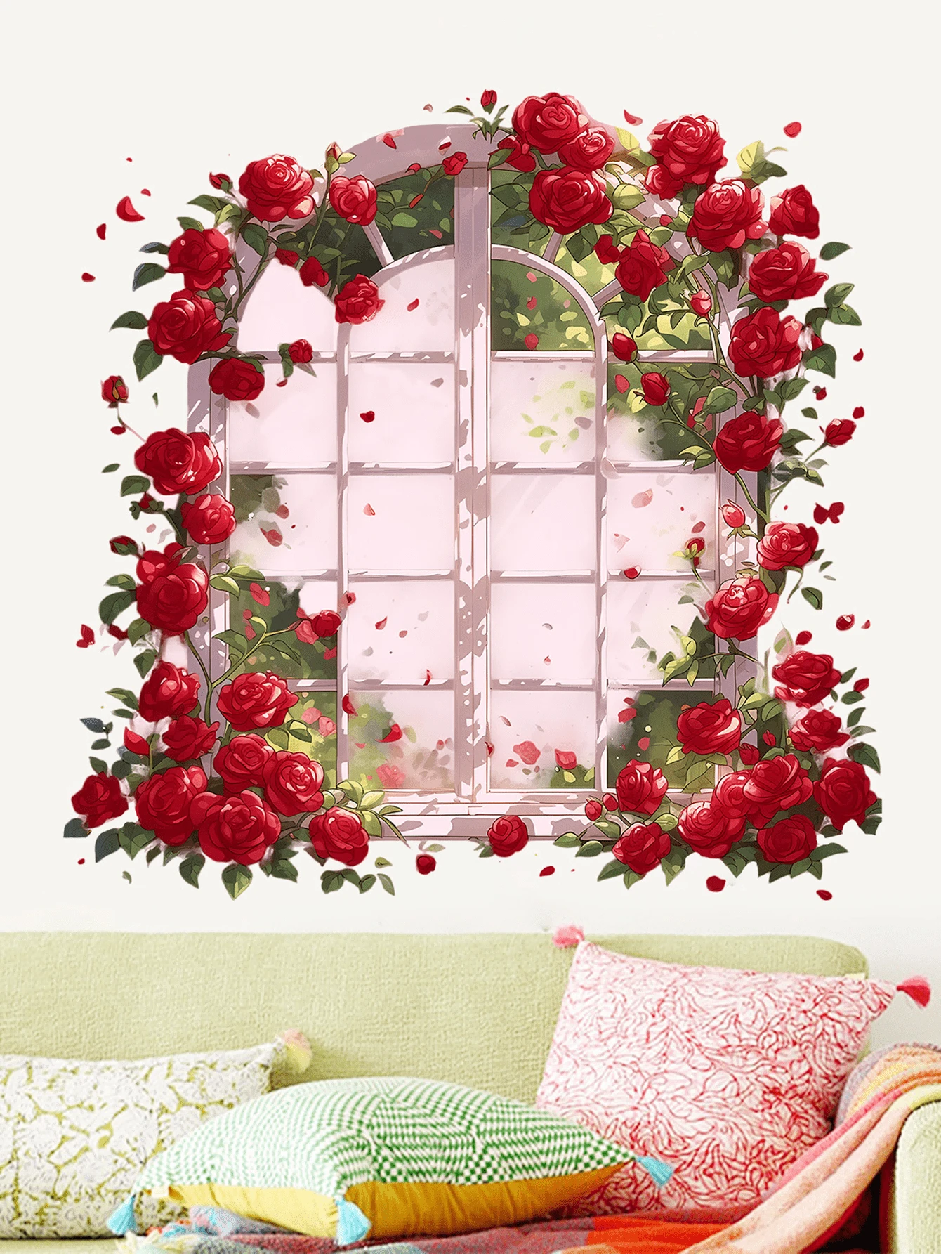 3D Rose Flower Window Wall Sticker Set, Removable Romantic Floral Wall Decals For Living Room, Bedroom, Study - Red - View 1