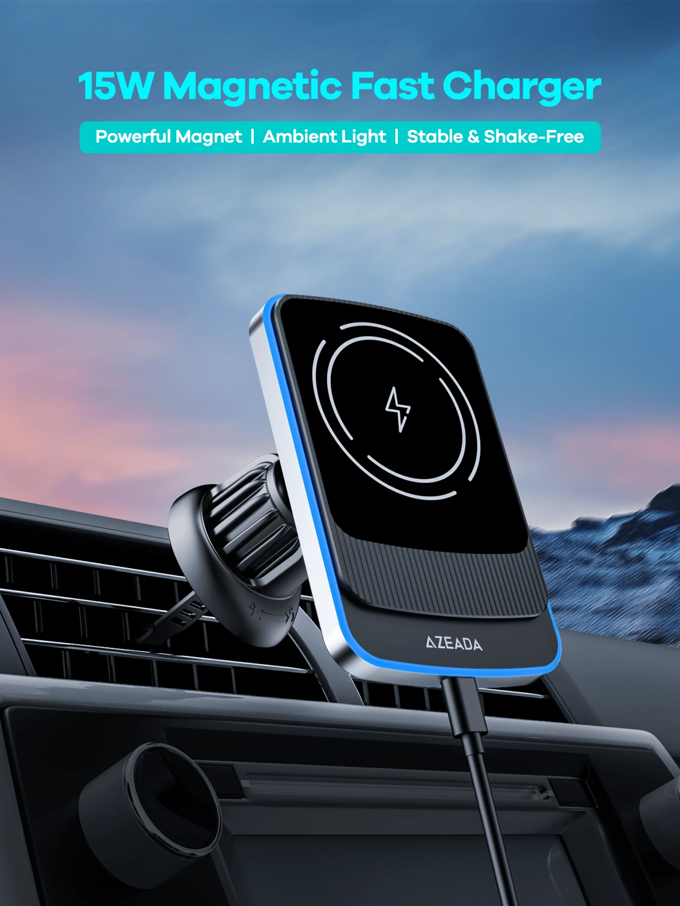 REMAX 15W车载无线快充；自动夹紧；360°自由旋转；稳固防震；中控台手机支架；通用导航支架；兼容/安卓；汽车配件；汽车用品 - AZ-C07 - 查看 1