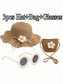 3pcs/Set Kids Summer Sun Hat, Bag & Sunglasses Set, Girls Beach Straw Hat, Woven Sun Hat - 3pcs - View 3