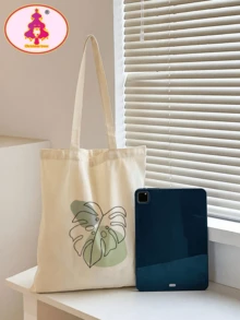 Leaf Graphic Shopper Bag Canvas Casual Style - Beige - View 6