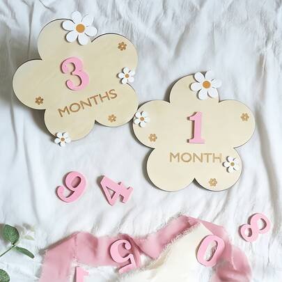 一套婴儿1-12个月木质花朵里程碑摄影性别揭晓双面里程碑吊坠每月里程碑卡片新生儿每月里程碑木质卡片道具成长记录宝宝公告女宝宝用品婴儿必备新生儿