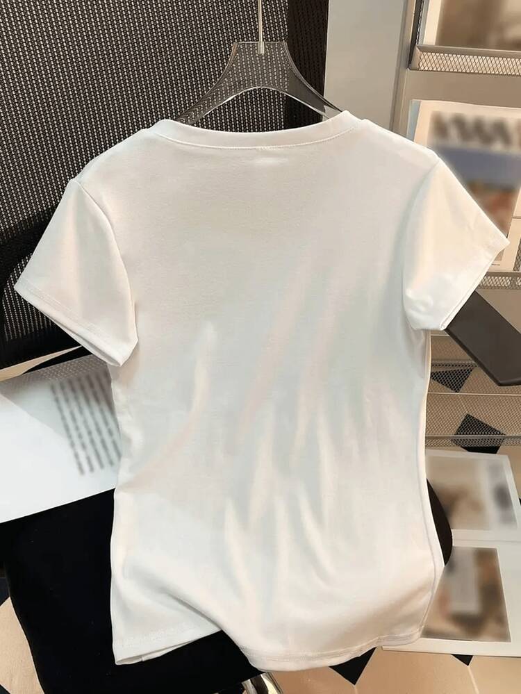 V-Neck Solid Color Slim Fit Short Sleeve T-Shirt Casual White Summer - White - View 5