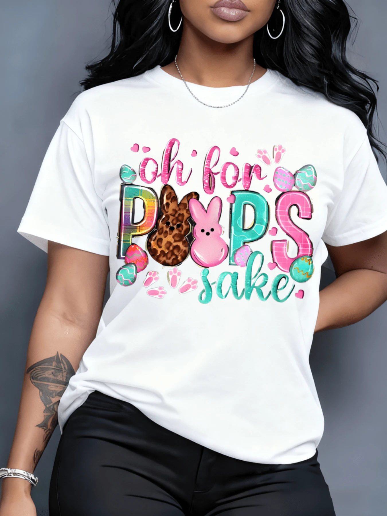 Oh For Pops Sake Easter Bunny And Peep Design T Shirt Women Spring Festival Fun Graphic Tee Fashion Casual Wear220g Leisure Home Outdoor Valentine's Day Party Gift - 黑色 - 查看 1