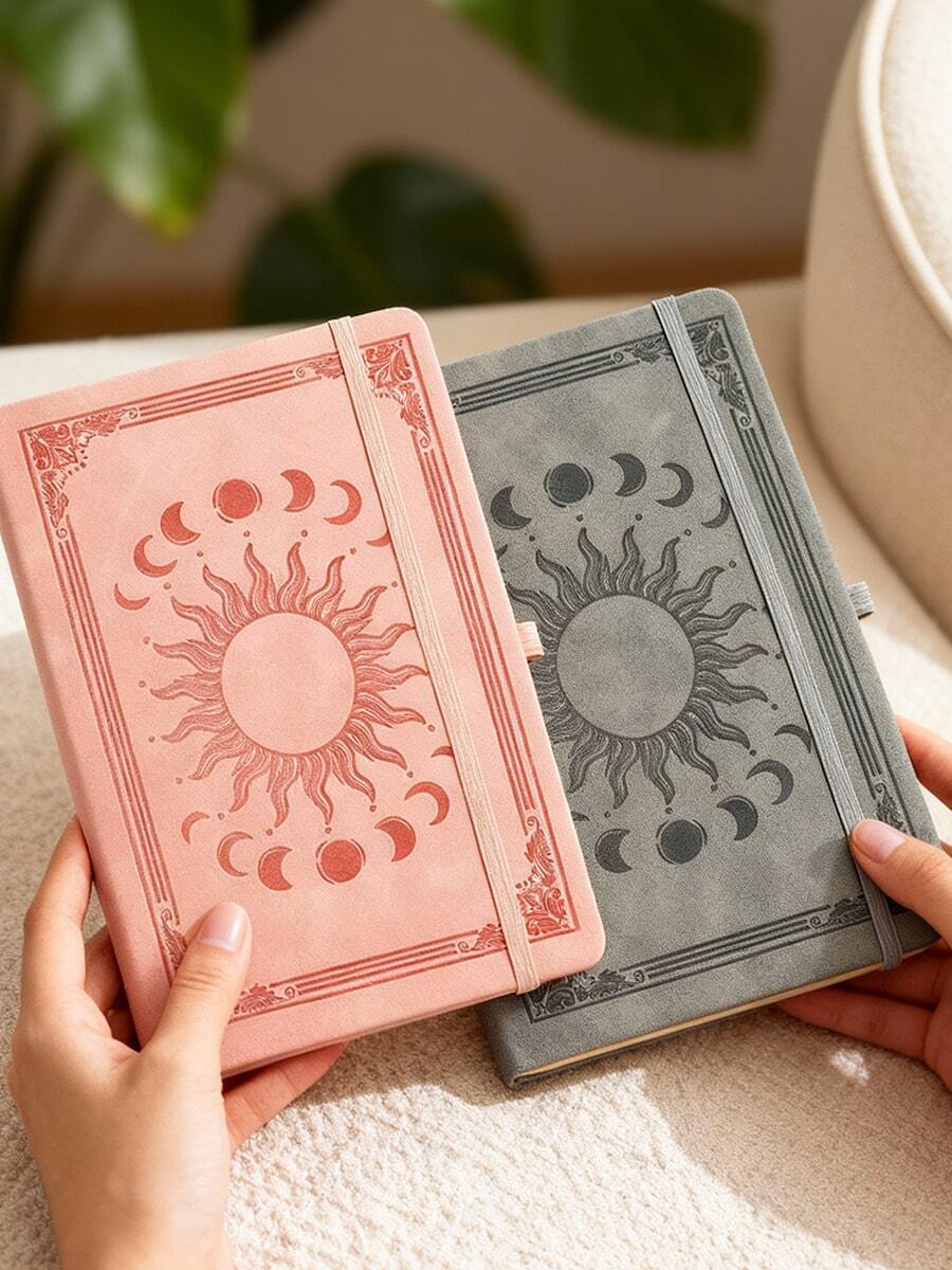 1 Hardcover Notebook, Faux Leather Cover With Embossed Sun & Moon Pattern, A5 Size, 200 Pages Lined Paper, Includes Pen Holder, Elastic Closure, Ribbon Bookmark, 180° Lay-Flat Design, For Office, Study, Note-Taking - Multicolor - View 1