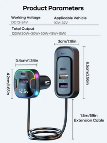 REMAX Car Charger With Voltage Display; 5 Ports Car Adapter; 120W Total Output,3 USB C Output & 2 Type-C Output;Support Super Fast Charging;Ambient Light Effect;1,5m Extension Charging Cable;Anti-Shock;Multiple Charging Protections;Car Accessories Widely Compatible With IPH/Android Phones,Etc.,Essential Car Stuff For Travel ﻿ - YQ8 - 查看 11