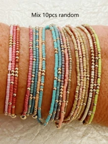 Bộ 14/10 vòng tay nhiều lớp đính hạt nhựa màu sắc sặc sỡ kiểu Bohemian và hạt CCB vàng dành cho nữ. - 10 chiếc, nhiều màu sắc khác nhau - Xem 1