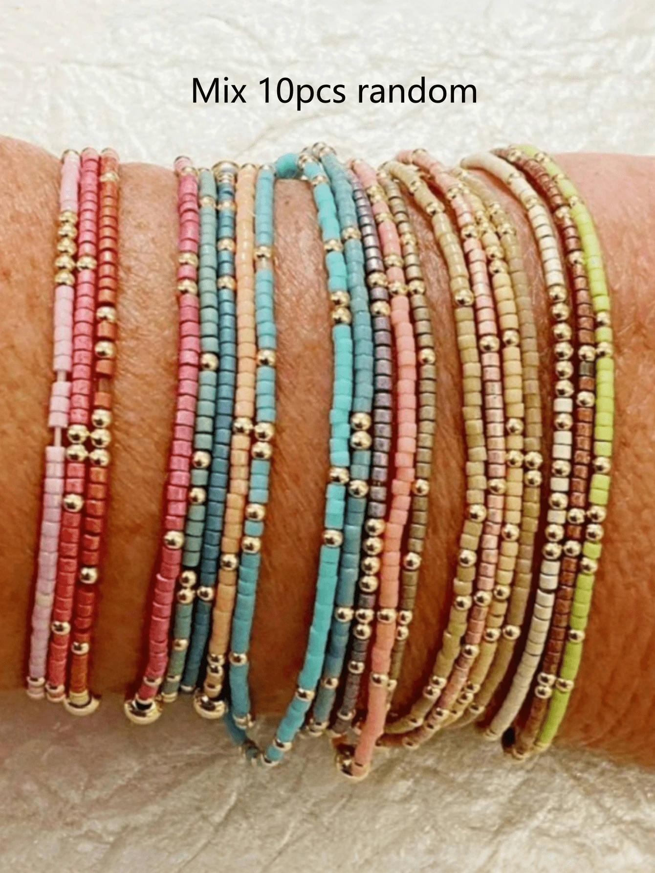 Bộ 14/10 vòng tay nhiều lớp đính hạt nhựa màu sắc sặc sỡ kiểu Bohemian và hạt CCB vàng dành cho nữ. - 10 chiếc, nhiều màu sắc khác nhau - Xem 1