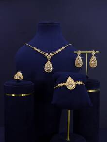 5pcs 18K Gold Plated Luxury Royal Style Geometric Design Bridal Wedding Jewelry Set, Suitable For Daily Wedding Wear, Wedding Anniversary Gift - Geometric Bridal Set - View 9