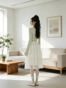 法式浪漫高腰层叠薄纱半身裙，2026 春季新款女装柔软美观百搭蓬松网纱半身裙 - 杏色 - 查看 5