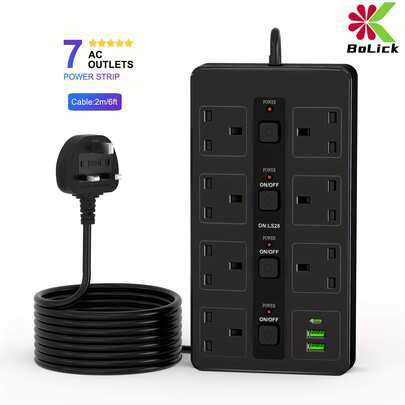 10 In One Power Strip Lightning Protection Device, Compact Design, 3250W 13A AC Socket, Including 7 AC Sockets And 3 USB Ports, With 4 Independent Switches, Portable British Standard Plug, Suitable For Home, Kitchen, Office Or Hotel Use