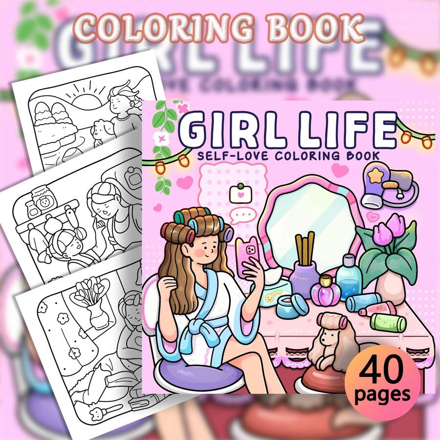 205克《女孩生活》40页自爱疗愈涂色书 - 柔软可爱的女孩日常生活场景,舒缓压力的自我关爱涂色书,婚礼季、母亲节的完美礼物 - 女孩生活 - 查看 1