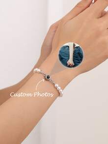 An Elegant Pearl Bead Custom Photo Bracelet Adorned With Diamond Accents - A Multi-Metal Tone Adjustable Piece Perfect For Mother's Day, Valentine's Day, Anniversaries, Or Birthday Surprises. Blends Bohemian, Minimalist, Vintage, And Urban Styles. - Valentine's Day Pet Lover Gift