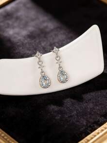 1 Pair S925 Sterling Silver Synthetic Zirconia Teardrop Long Earrings, Elegant & Chic For Women's Daily Wear And Parties, Bohemian Quality Jewelry